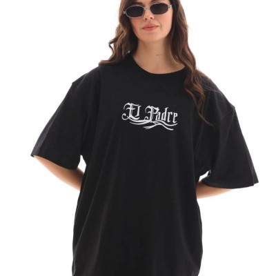 Kadın Kısa Kol Yazlık Tişört Bisiklet Yaka Baskılı Oversize T-Shirt - Siyah
