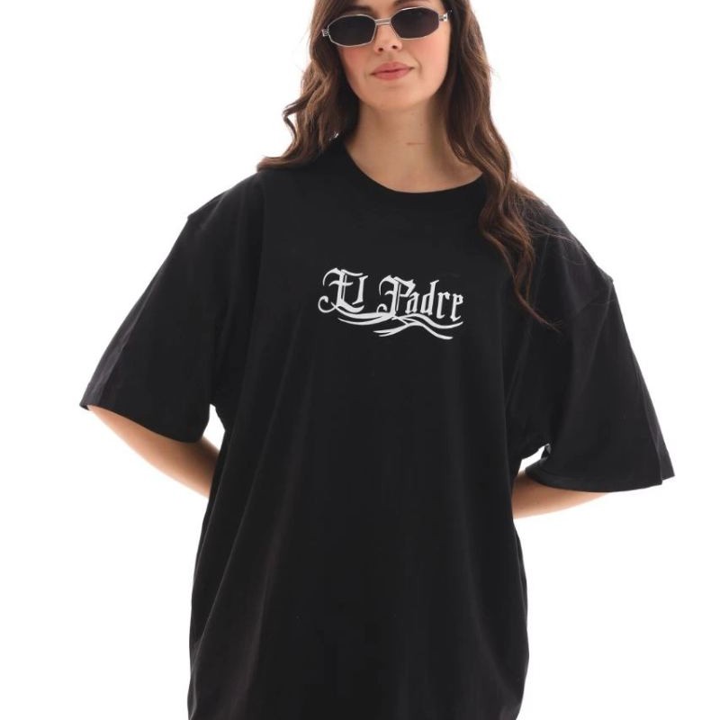 Kadın Kısa Kol Yazlık Tişört Bisiklet Yaka Baskılı Oversize T-Shirt - Siyah