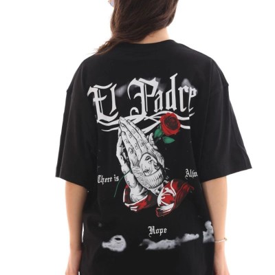 Kadın Kısa Kol Yazlık Tişört Bisiklet Yaka Baskılı Oversize T-Shirt - Siyah