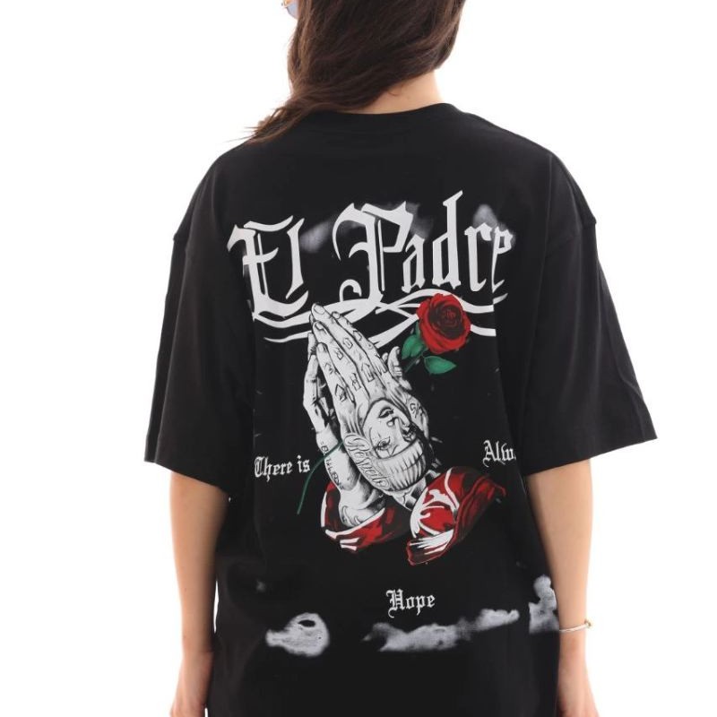 Kadın Kısa Kol Yazlık Tişört Bisiklet Yaka Baskılı Oversize T-Shirt - Siyah
