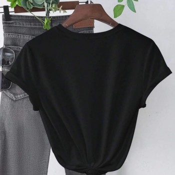Kadın Kısa Kol Yazlık Tişört Bisiklet Yaka Baskılı Oversize T-Shirt - Siyah