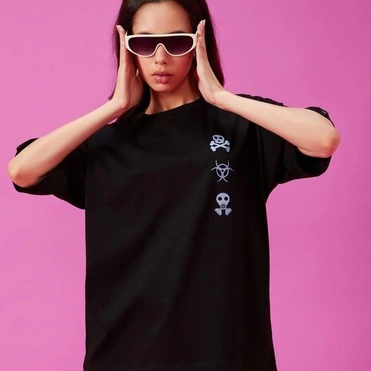 Kadın Kısa Kol Yazlık Tişört Bisiklet Yaka Baskılı Oversize T-Shirt - Siyah