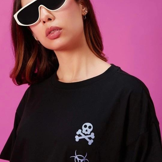 Kadın Kısa Kol Yazlık Tişört Bisiklet Yaka Baskılı Oversize T-Shirt - Siyah