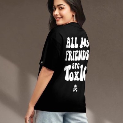 Kadın Kısa Kol Yazlık Tişört Bisiklet Yaka Baskılı Oversize T-Shirt - Siyah