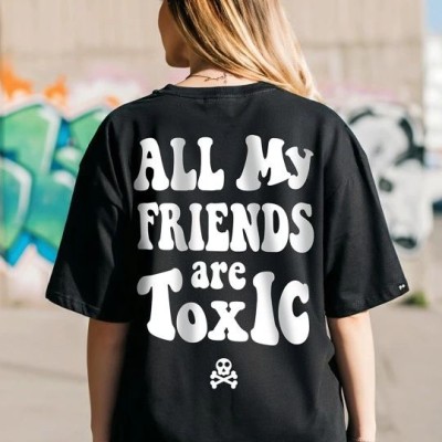 Kadın Kısa Kol Yazlık Tişört Bisiklet Yaka Baskılı Oversize T-Shirt - Siyah