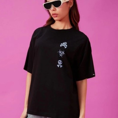 Kadın Kısa Kol Yazlık Tişört Bisiklet Yaka Baskılı Oversize T-Shirt - Siyah