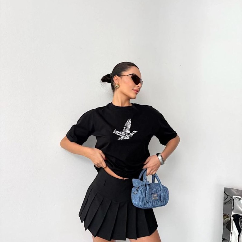 Kadın Kısa Kol Yazlık Tişört Bisiklet Yaka Baskılı Oversize T-Shirt - Siyah