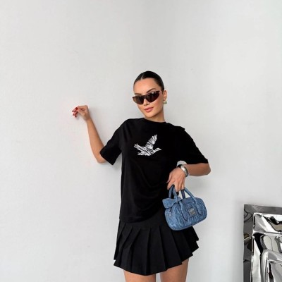 Kadın Kısa Kol Yazlık Tişört Bisiklet Yaka Baskılı Oversize T-Shirt - Siyah