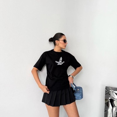 Kadın Kısa Kol Yazlık Tişört Bisiklet Yaka Baskılı Oversize T-Shirt - Siyah