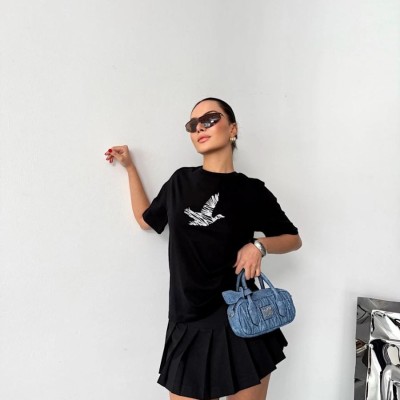 Kadın Kısa Kol Yazlık Tişört Bisiklet Yaka Baskılı Oversize T-Shirt - Siyah