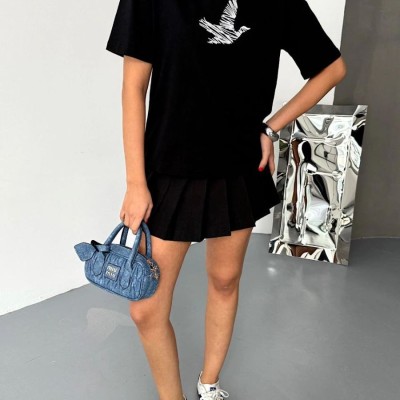 Kadın Kısa Kol Yazlık Tişört Bisiklet Yaka Baskılı Oversize T-Shirt - Siyah