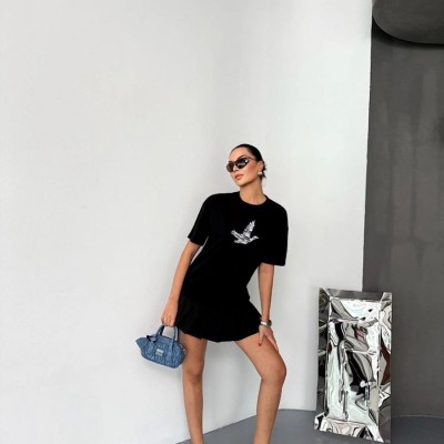 Kadın Kısa Kol Yazlık Tişört Bisiklet Yaka Baskılı Oversize T-Shirt - Siyah