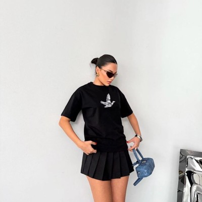 Kadın Kısa Kol Yazlık Tişört Bisiklet Yaka Baskılı Oversize T-Shirt - Siyah