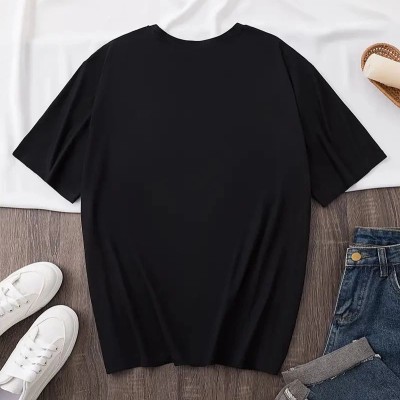Kadın Kısa Kol Yazlık Tişört Bisiklet Yaka Baskılı Oversize T-Shirt - Siyah
