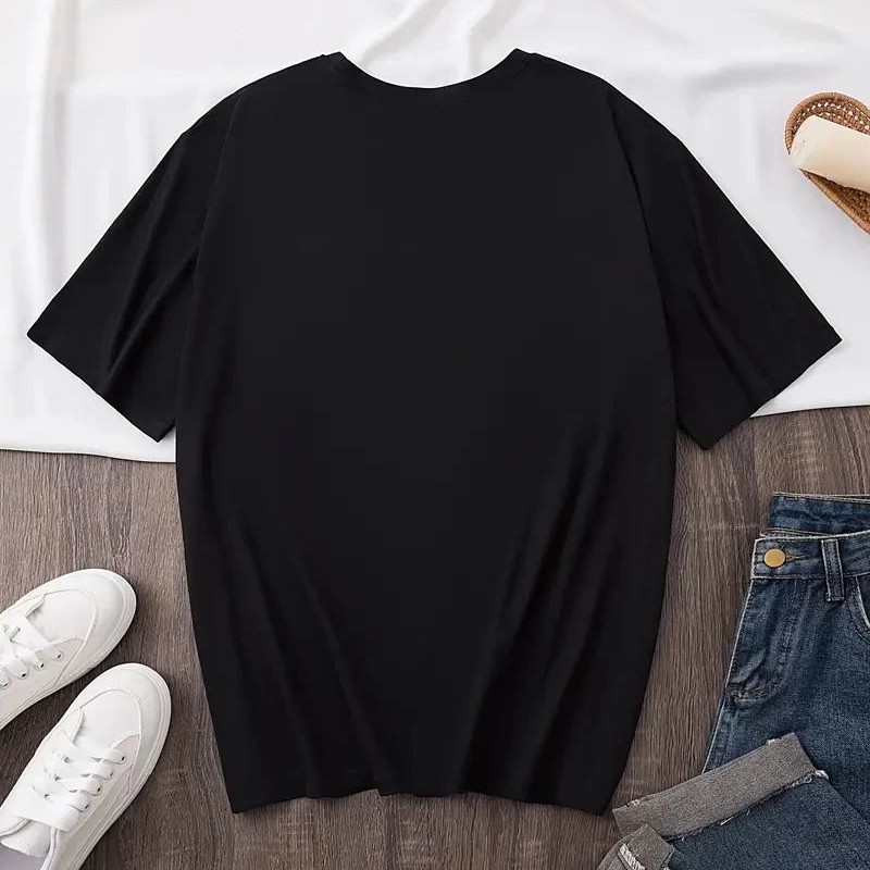Kadın Kısa Kol Yazlık Tişört Bisiklet Yaka Baskılı Oversize T-Shirt - Siyah