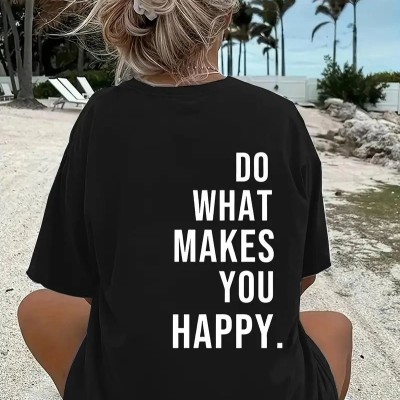 Kadın Kısa Kol Yazlık Tişört Bisiklet Yaka Baskılı Oversize T-Shirt - Siyah