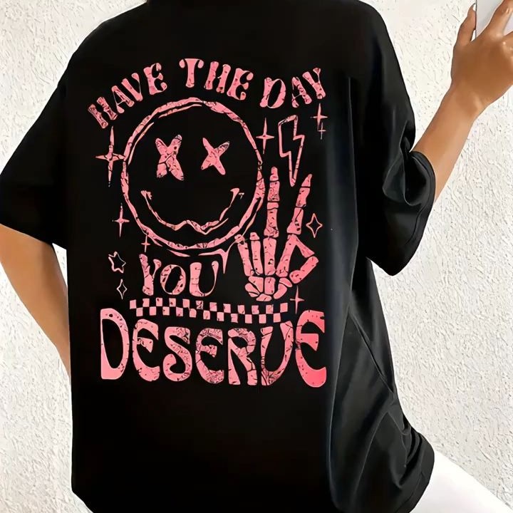 Kadın Kısa Kol Yazlık Tişört Bisiklet Yaka Baskılı Oversize T-Shirt - Siyah