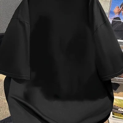 Kadın Kısa Kol Yazlık Tişört Bisiklet Yaka Baskılı Oversize T-Shirt - Siyah