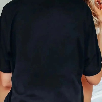 Kadın Kısa Kol Yazlık Tişört Bisiklet Yaka Baskılı Oversize T-Shirt - Siyah
