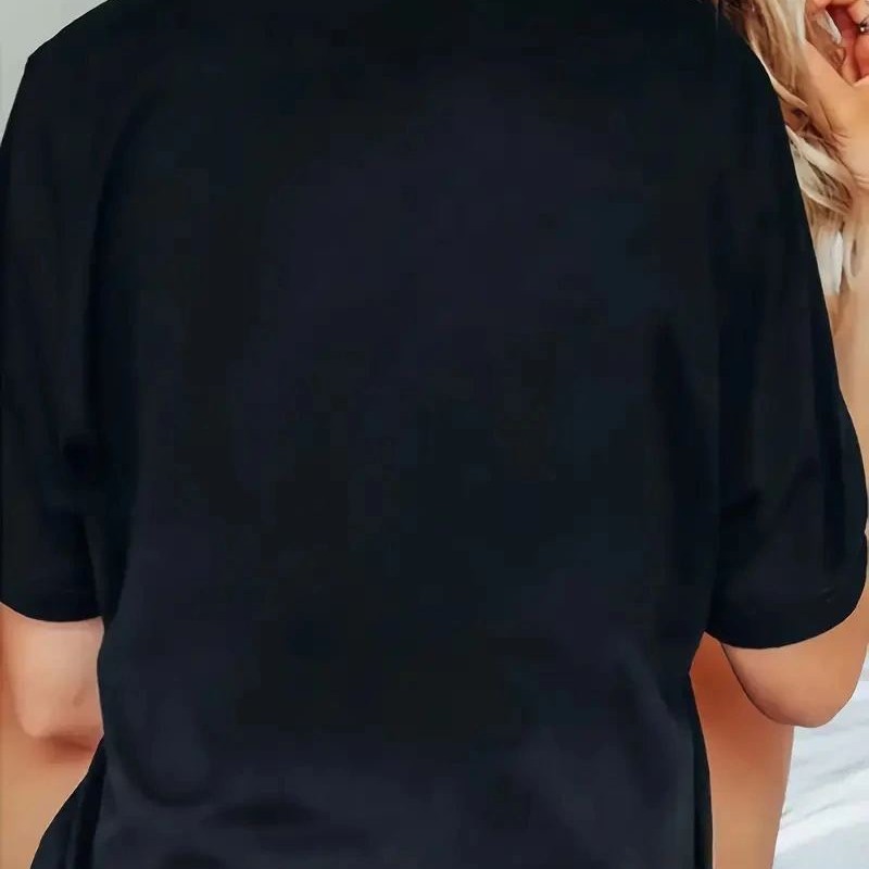 Kadın Kısa Kol Yazlık Tişört Bisiklet Yaka Baskılı Oversize T-Shirt - Siyah