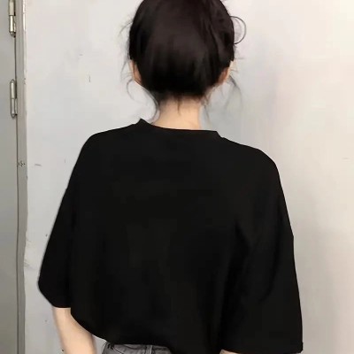 Kadın Kısa Kol Yazlık Tişört Bisiklet Yaka Baskılı Oversize T-Shirt - Siyah