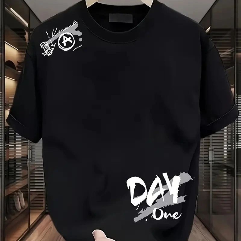 Kadın Kısa Kol Yazlık Tişört Bisiklet Yaka Baskılı Oversize T-Shirt - Siyah