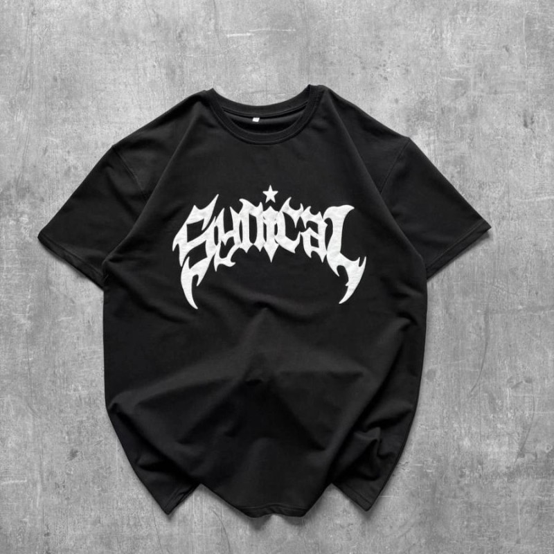 Kadın Kısa Kol Yazlık Tişört Bisiklet Yaka Baskılı Oversize T-Shirt - Siyah