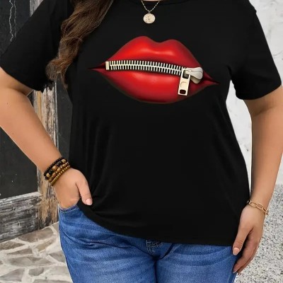 Kadın Kısa Kol Yazlık Tişört Bisiklet Yaka Dudak Baskılı T-Shirt - Siyah
