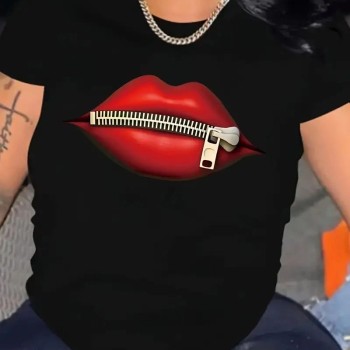 Kadın Kısa Kol Yazlık Tişört Bisiklet Yaka Dudak Baskılı T-Shirt - Siyah