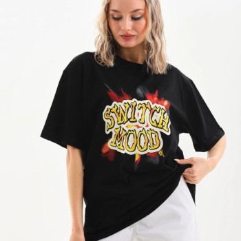 Kadın Kısa Kol Yazlık Tişört Bisiklet Yaka Ejderha Baskılı T-Shirt - Siyah
