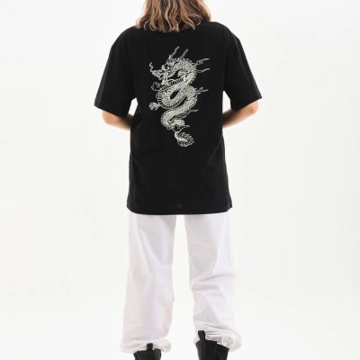 Kadın Kısa Kol Yazlık Tişört Bisiklet Yaka Ejderha Baskılı T-Shirt - Siyah