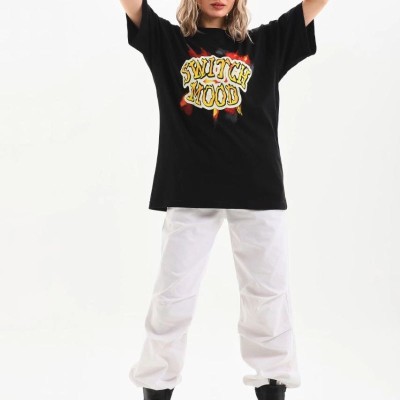 Kadın Kısa Kol Yazlık Tişört Bisiklet Yaka Ejderha Baskılı T-Shirt - Siyah