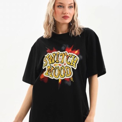 Kadın Kısa Kol Yazlık Tişört Bisiklet Yaka Ejderha Baskılı T-Shirt - Siyah