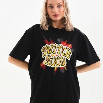 Kadın Kısa Kol Yazlık Tişört Bisiklet Yaka Ejderha Baskılı T-Shirt - Siyah