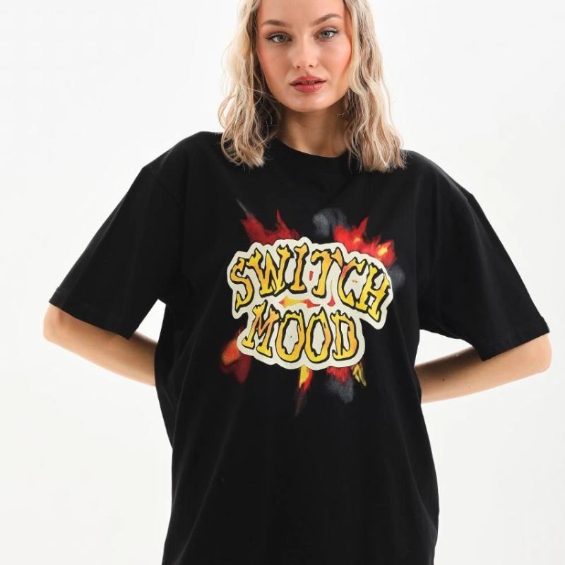 Kadın Kısa Kol Yazlık Tişört Bisiklet Yaka Ejderha Baskılı T-Shirt - Siyah