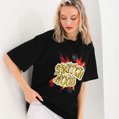 Kadın Kısa Kol Yazlık Tişört Bisiklet Yaka Ejderha Baskılı T-Shirt - Siyah
