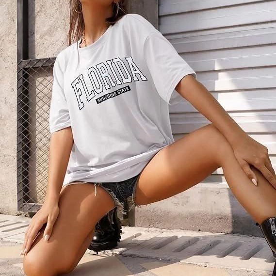 Kadın Kısa Kol Yazlık Tişört Bisiklet Yaka FLORIDA Baskılı T-Shirt - Beyaz