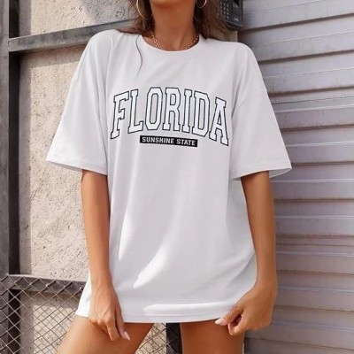Kadın Kısa Kol Yazlık Tişört Bisiklet Yaka FLORIDA Baskılı T-Shirt - Beyaz