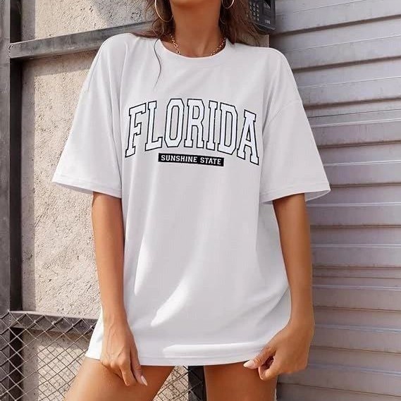 Kadın Kısa Kol Yazlık Tişört Bisiklet Yaka FLORIDA Baskılı T-Shirt - Beyaz