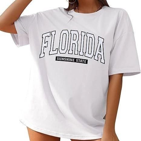 Kadın Kısa Kol Yazlık Tişört Bisiklet Yaka FLORIDA Baskılı T-Shirt - Beyaz