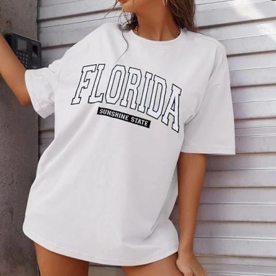 Kadın Kısa Kol Yazlık Tişört Bisiklet Yaka FLORIDA Baskılı T-Shirt - Beyaz