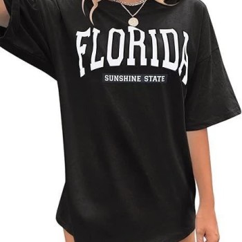 Kadın Kısa Kol Yazlık Tişört Bisiklet Yaka FLORIDA Baskılı T-Shirt - Siyah