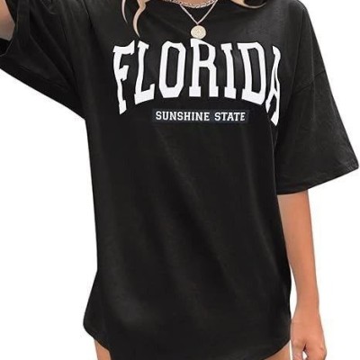 Kadın Kısa Kol Yazlık Tişört Bisiklet Yaka FLORIDA Baskılı T-Shirt - Siyah