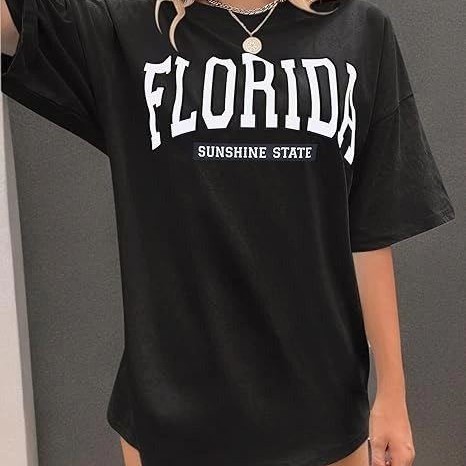 Kadın Kısa Kol Yazlık Tişört Bisiklet Yaka FLORIDA Baskılı T-Shirt - Siyah