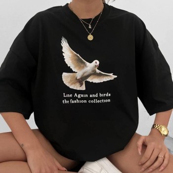 Kadın Kısa Kol Yazlık Tişört Bisiklet Yaka Güvercin Baskılı T-Shirt - Siyah