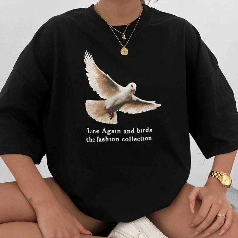 Kadın Kısa Kol Yazlık Tişört Bisiklet Yaka Güvercin Baskılı T-Shirt - Siyah