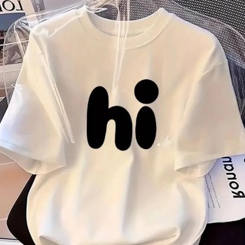 Kadın Kısa Kol Yazlık Tişört Bisiklet Yaka hi Baskılı T-Shirt - Beyaz