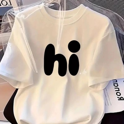 Kadın Kısa Kol Yazlık Tişört Bisiklet Yaka hi Baskılı T-Shirt - Beyaz