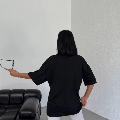 Kadın Kısa Kol Yazlık Tişört Bisiklet Yaka Los Angeles Baskılı T-Shirt - Siyah