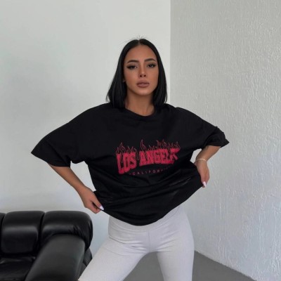 Kadın Kısa Kol Yazlık Tişört Bisiklet Yaka Los Angeles Baskılı T-Shirt - Siyah